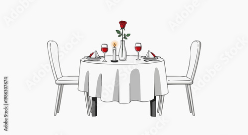 A minimalist vector illustration of a romantic dinner setup for two with a red rose