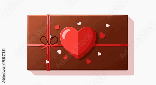 A beautifully wrapped chocolate gift box with a red heart and ribbon on a white background