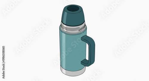 A vector graphic illustration of a teal thermos with a handle and lid on a white background