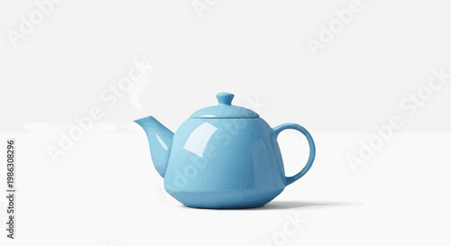 A blue teapot with steam rising from its spout on a white background