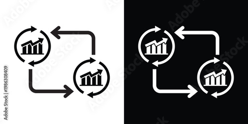 Vector icon of bar charts inside circular arrows, representing continuous data analysis, business performance monitoring, and recursive statistical reporting in a flat design style.