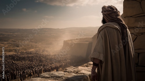 A dramatic biblical scene of Isaiah standing on the walls of Jerusalem, speaking to soldiers and leaders as the distant Assyrian army advances across a dust-filled valley under a tense horizon.

