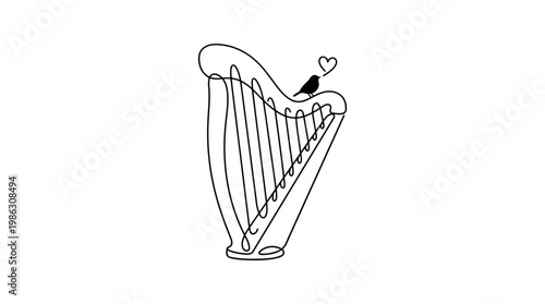 Triangular Harp Single Continuous Line Drawing Minimal Monoline Folk Music Bird Singing Heart Vector Illustration