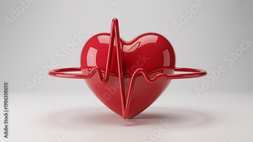 Red heart with ecg line symbolizing love and medical health on white background with subtle shadow