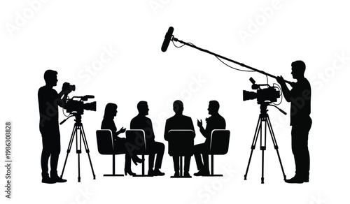 A dynamic scene depicts a press conference with reporters and a panel of speakers all rendered as a stark silhouette high quality professional detailed
