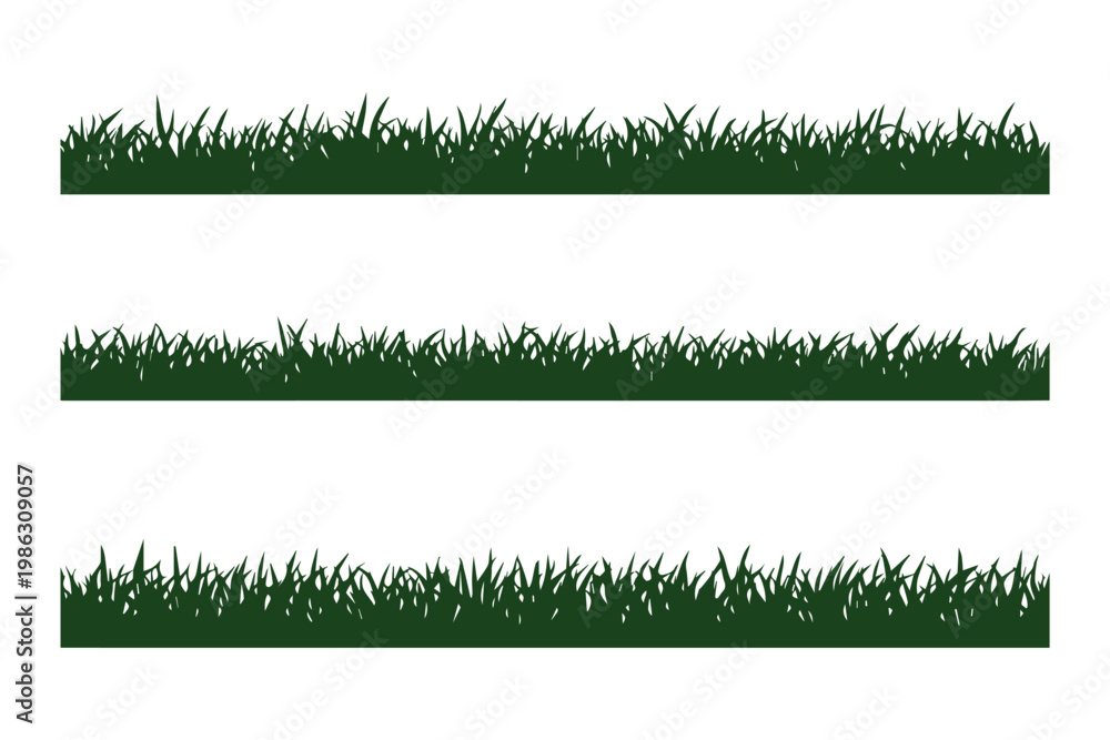 Naklejka premium Black grass silhouette border set, meadow lawn field elements, nature landscape greenery horizontal fringe, cad drawing flat vector illustration. grass icon set. Easter spring grass. EPS 10. 