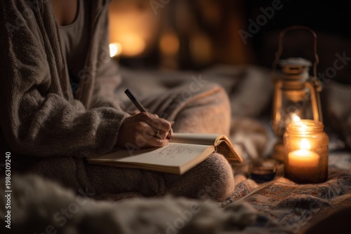 Person writes in notebook while sitting on blanket surrounded by candles and a lantern in a dim room at night