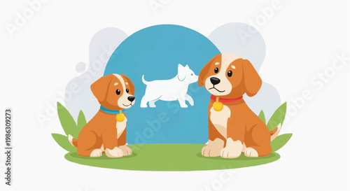 A colorful illustration of three dogs sitting on a green patch with a blue background