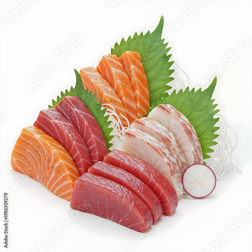 Assorted sashimi platter isolated on white background.