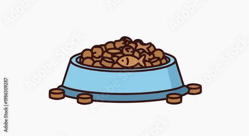 A cartoon illustration of a blue dog bowl filled with brown kibble on a white background