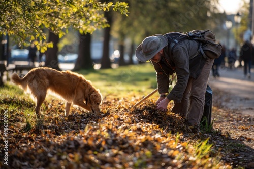Golden retriever and man exploring a park in autumn while looking at leaves in the early evening light