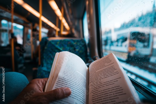 Reading a book on a train with passing scenery outside during winter