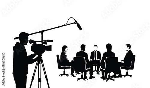 A stark black silhouette depicts a news conference with a camera operator and panelists illustrating a formal interview setting silhouette high quality professional detailed