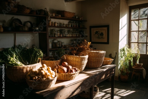 Fresh vegetables and fruits in woven baskets on a wooden table in a sunny kitchen during afternoon light