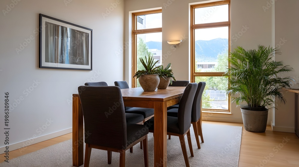 Fototapeta premium Bright modern dining room setting featuring natural light elegant wooden furniture and lush indoor plants
