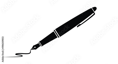 A black fountain pen with a flowing ink trail illustration