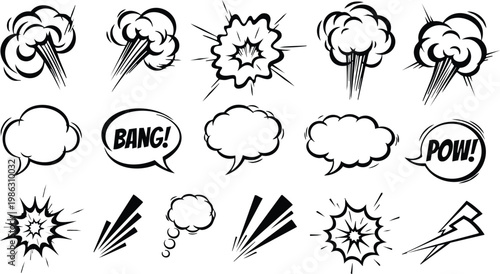 Comic Book Sound Effects Explosion Clouds and Action Lines Wham Bang Pow Vector Set