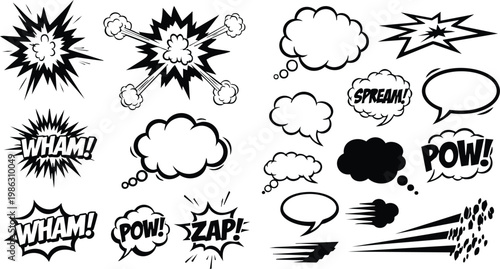 Comic Book Explosion Bubbles Cloud Shapes and Sound Effects Wham Pow Zap Vector Set