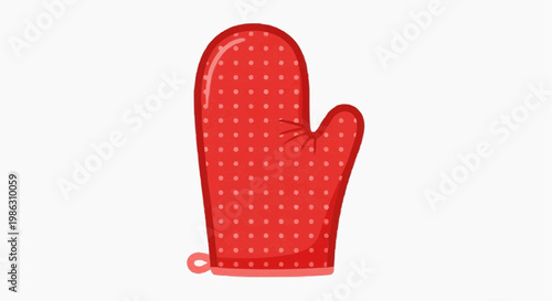 A red oven mitt with white polka dots on a plain background