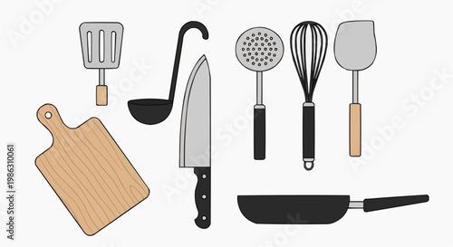 A set of kitchen utensils and tools on a clean white background