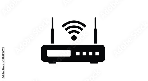 Simple black icon depicting a wireless router with signal waves