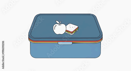 A blue lunchbox with a sandwich and apple on top, perfect for school or work