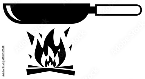 Simple black icon showing a frying pan over hot fire