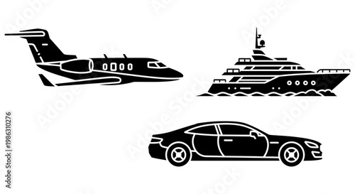 Luxury transportation icons featuring private jet yacht and modern sports car