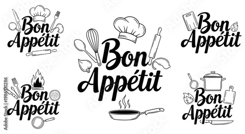 Set of creative kitchen emblems featuring the phrase bon appetit