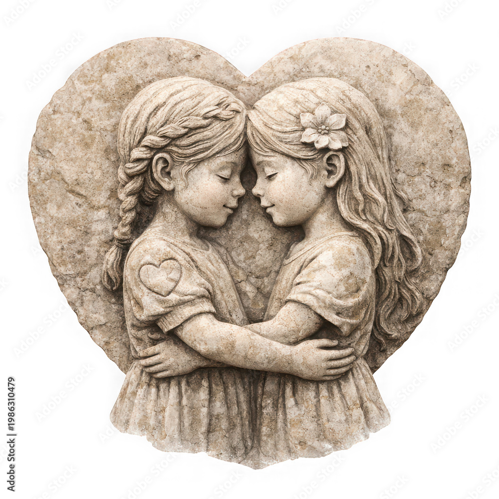 Fototapeta premium Stone carving of two young girls embracing in a heart shape as cut out PNG isolated on transparent background