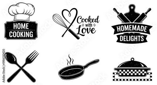 Collection of vintage black and white kitchen icons and logos