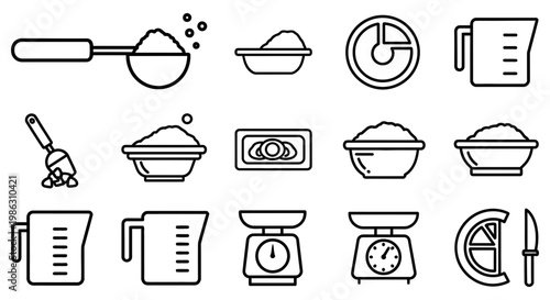 Collection of thin line icons depicting various kitchen cooking tools