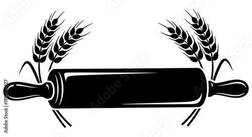 Wooden rolling pin icon illustrated with golden wheat stalks for baking