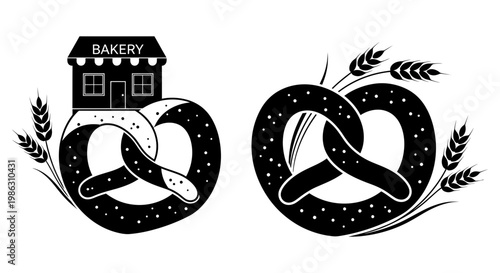 Black and white bakery icons featuring traditional salted soft pretzels