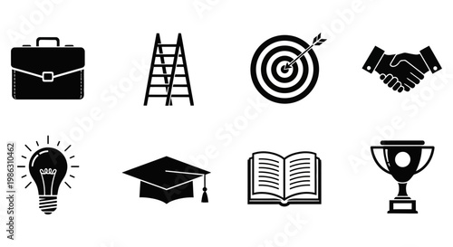 Black and white business icons representing success and professional career growth