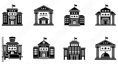 Collection of hotel building icons featuring stars for quality ratings