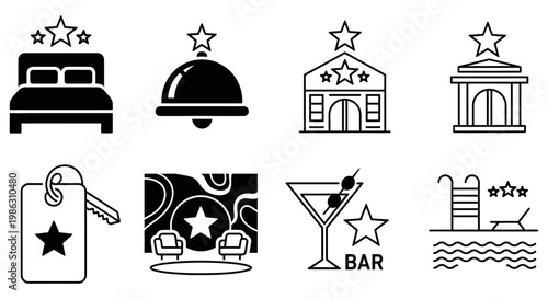 Set of black and white hotel icons for travel business websites
