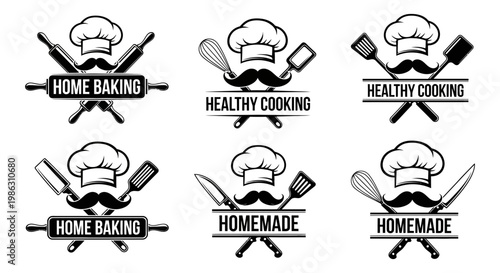 Collection of professional chef emblems with various kitchen cooking utensils