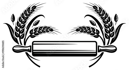 Wooden rolling pin icon framed by elegant stalks of harvested wheat