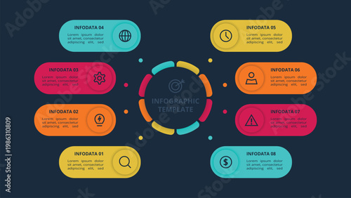 Structured infographic with 8 steps, options, parts or processes. Template for web on a black background.