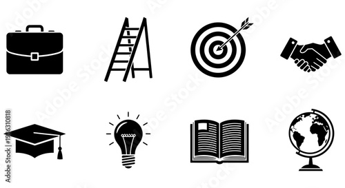 Black business and education icons set isolated on white background