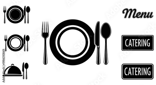 Black and white icons showing dining plates with silverware sets