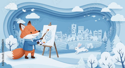 A Cheerful Fox Paints a Winter Cityscape, with a Playful Bunny in the Snowy Scene