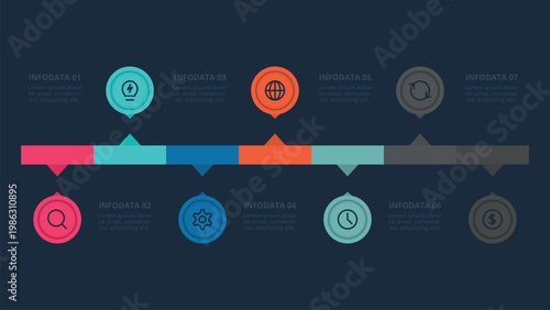 Structured infographic with 7 steps, options, parts or processes. Template for web on a black background.