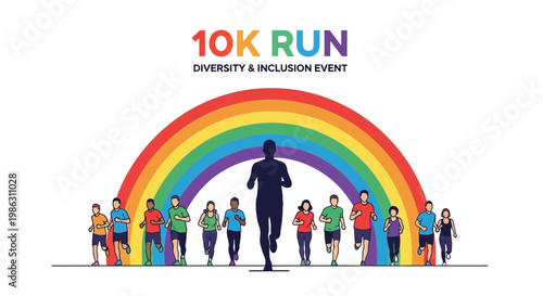 A Colorful Depiction Of A 10K Run Celebration Highlighting Diversity and Inclusion, Running Event