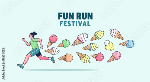 A Colorful Animated Illustration Of A Fun Run Festival With Delicious Ice Cream Cones