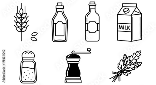 Simple black and white line icons representing various food pantry items