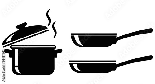 Simple black icon set featuring cooking pots and frying pans