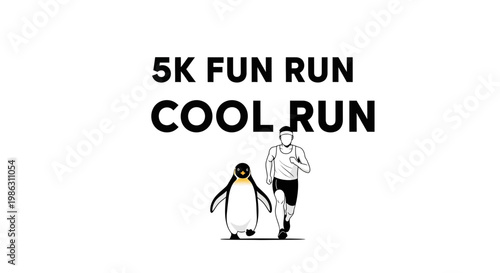 A Funny And Cool Illustration Of A 5k Run Event, With A Penguin And A Runner
