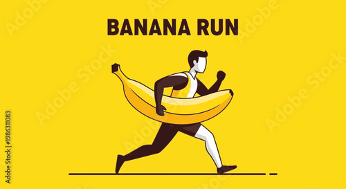 A Funny Banana Runner Illustration On Yellow Background For Sport Or Healthy Eating Theme
